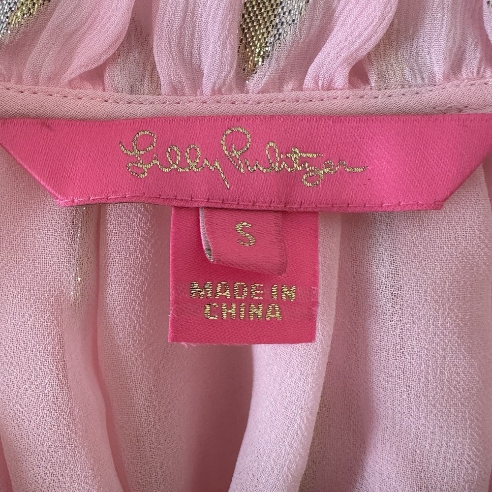 Lilly Pulitzer Tensley‎ Silk Top Pink Metallic Silver Gold Feathers Ruffles Sz S - Picture 10 of 15